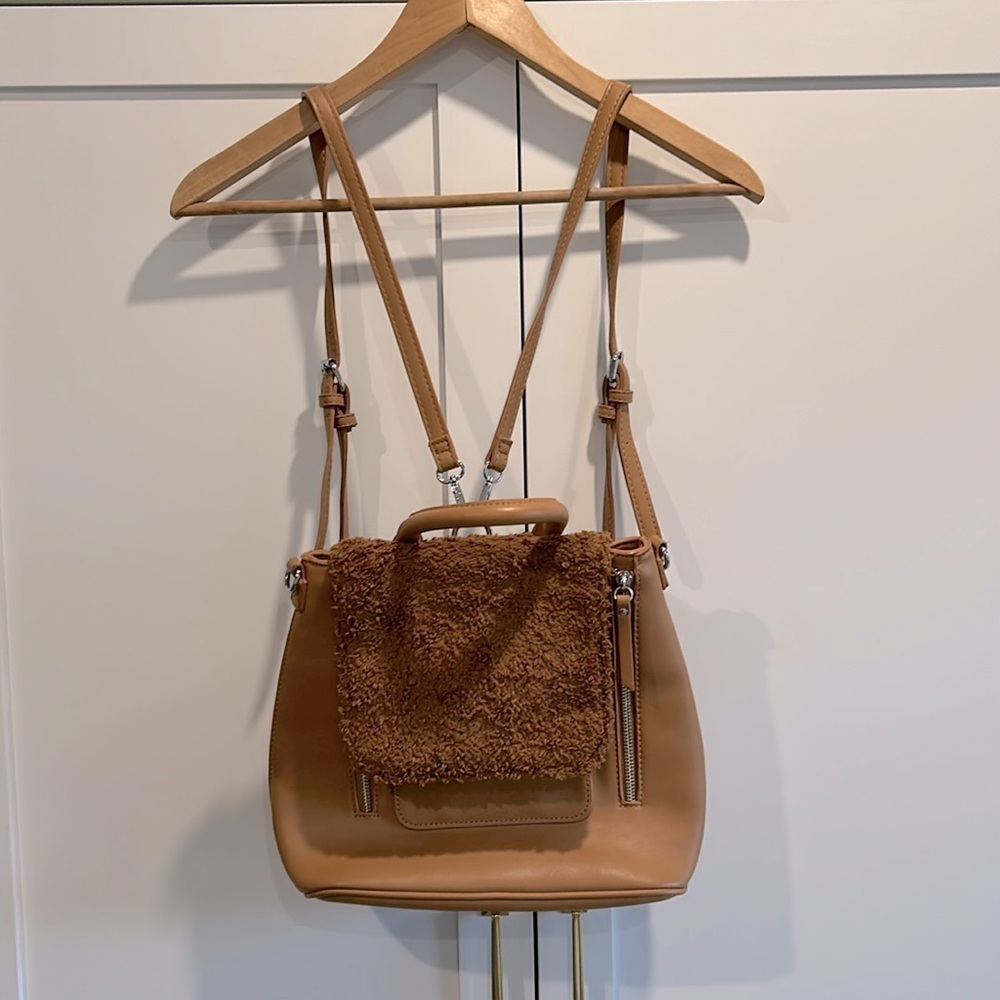 MMS Brown Camel Purse Adjustable Back Pack Straps Sherpa Flap Multiple sections